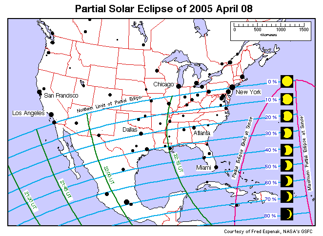 shows the regions of visibility of the solar eclipse of April 8 2005 in